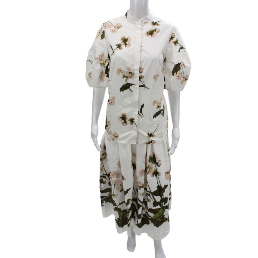 Erdem Womens White Floral Cotton Long Skirt Set High Neck Short Sleeve Size 8
